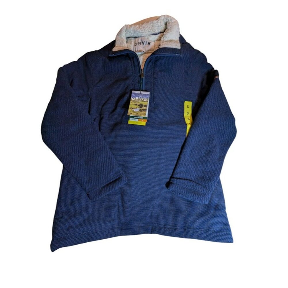 Orvis Men's Small Navy Blue Fleece Lined Quarter Zip Pullover Sweater New W Tags